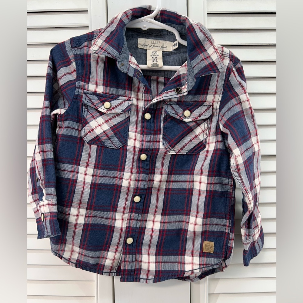 Logg size 3T Blue and Red Plaid Kids pearl snap button Down Shirt